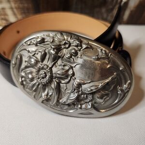 Briarpatch Art Nouveau Flower Belt Buckle Black Leather Belt Sz 34 Texas USA